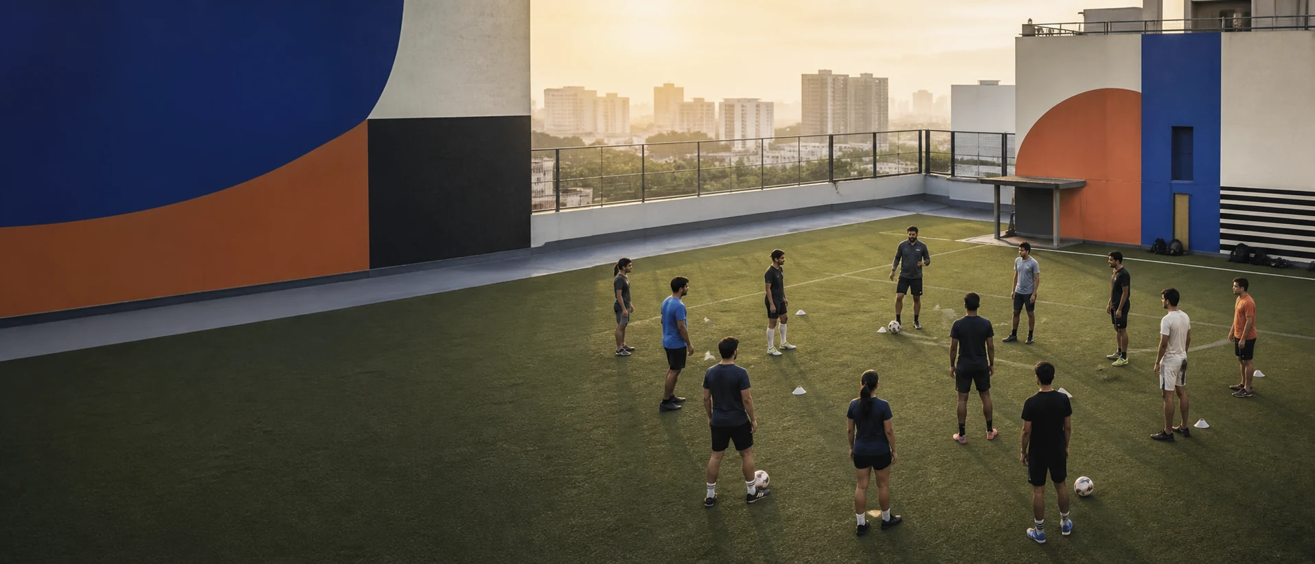 Adult beginner football group training on a colourful rooftop turf in Hyderabad