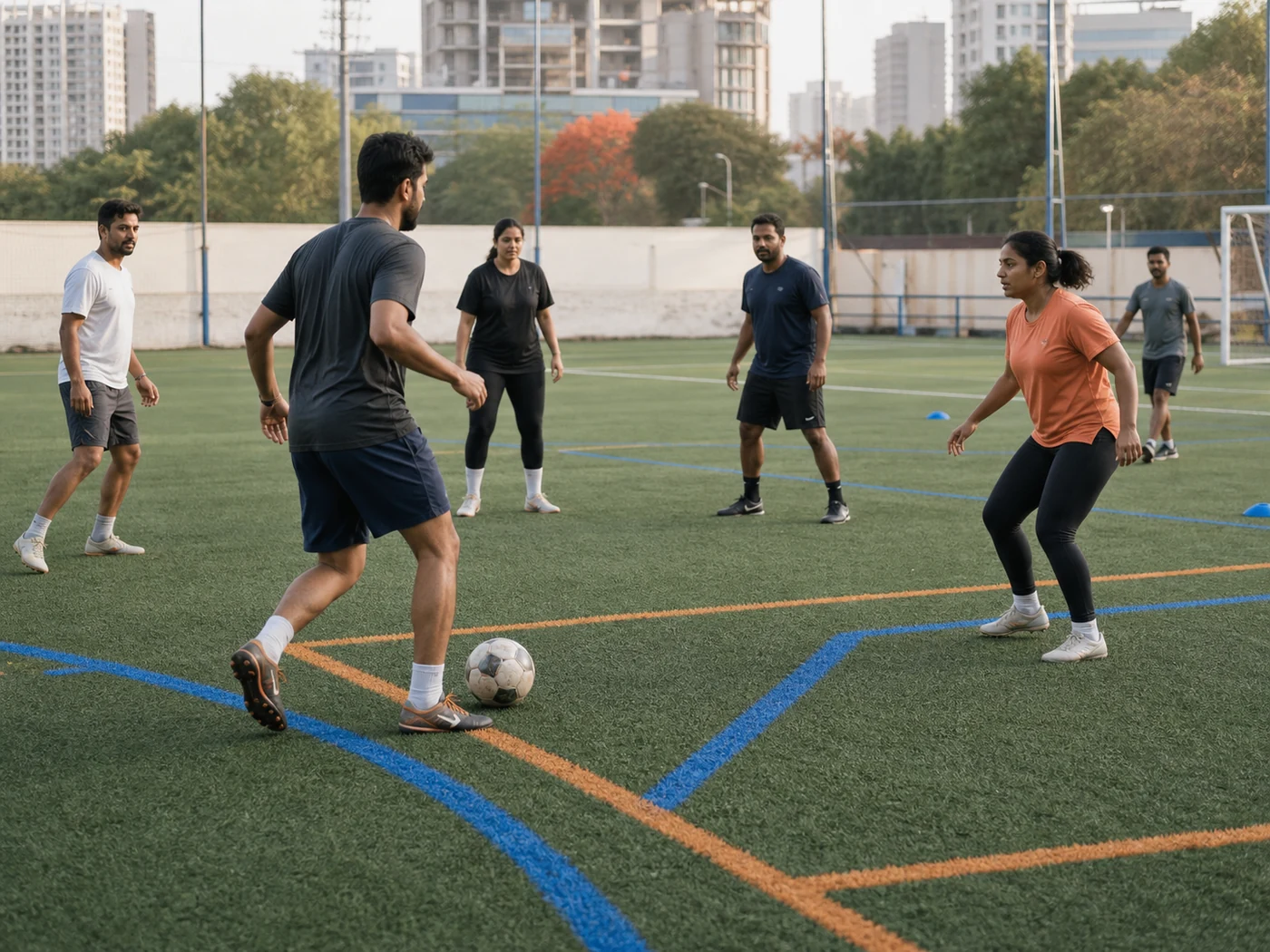 Adult learners working through a coached football drill